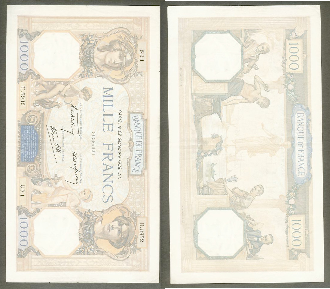 1000 Francs CÉRÈS ET MERCURE type modifié FRANCE 22.9.1938  SPL-